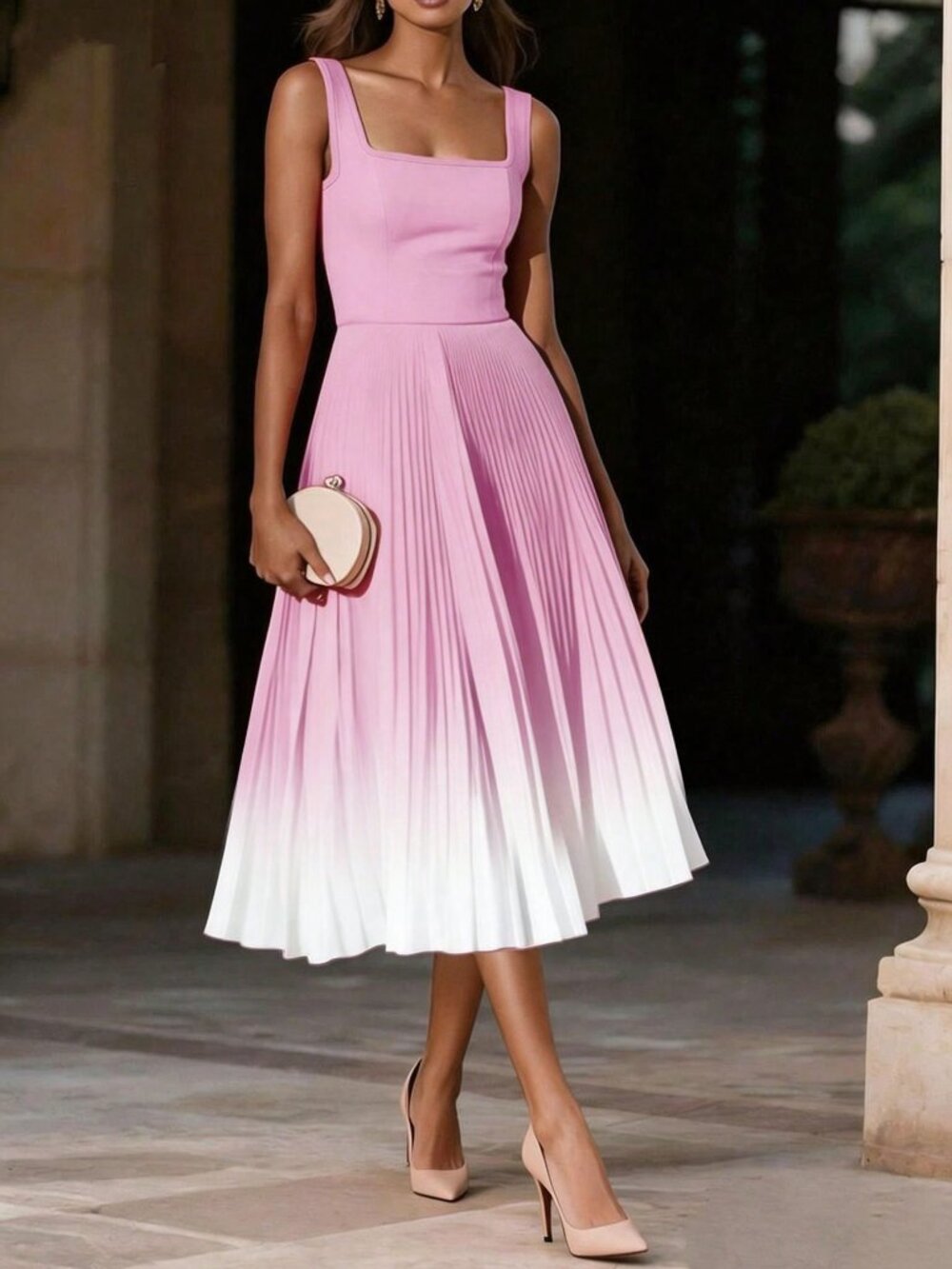 Pink Casual Women's Elegant Sleeveless Zipper Ombre Pleated Dress - Picture 3 of 5